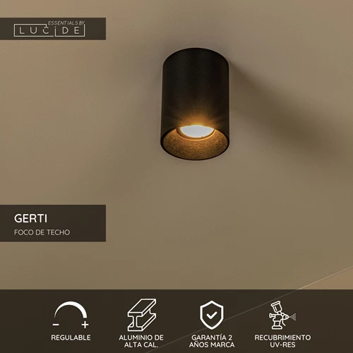 Lucide GERTI - Foco de techo - Ø 8 cm - 1xGU10 - Incluye anillos intercambiables - Negro - Essential - USP